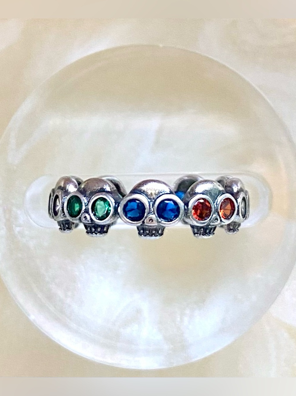Sterling Silver Multi-Gem Skull Ring in Blue, Green & Orange